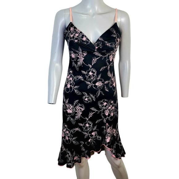 Vintage 90s Floral Dress Women Medium 8 Ruffle Knee Length Strap Black Pink New - Picture 11 of 15